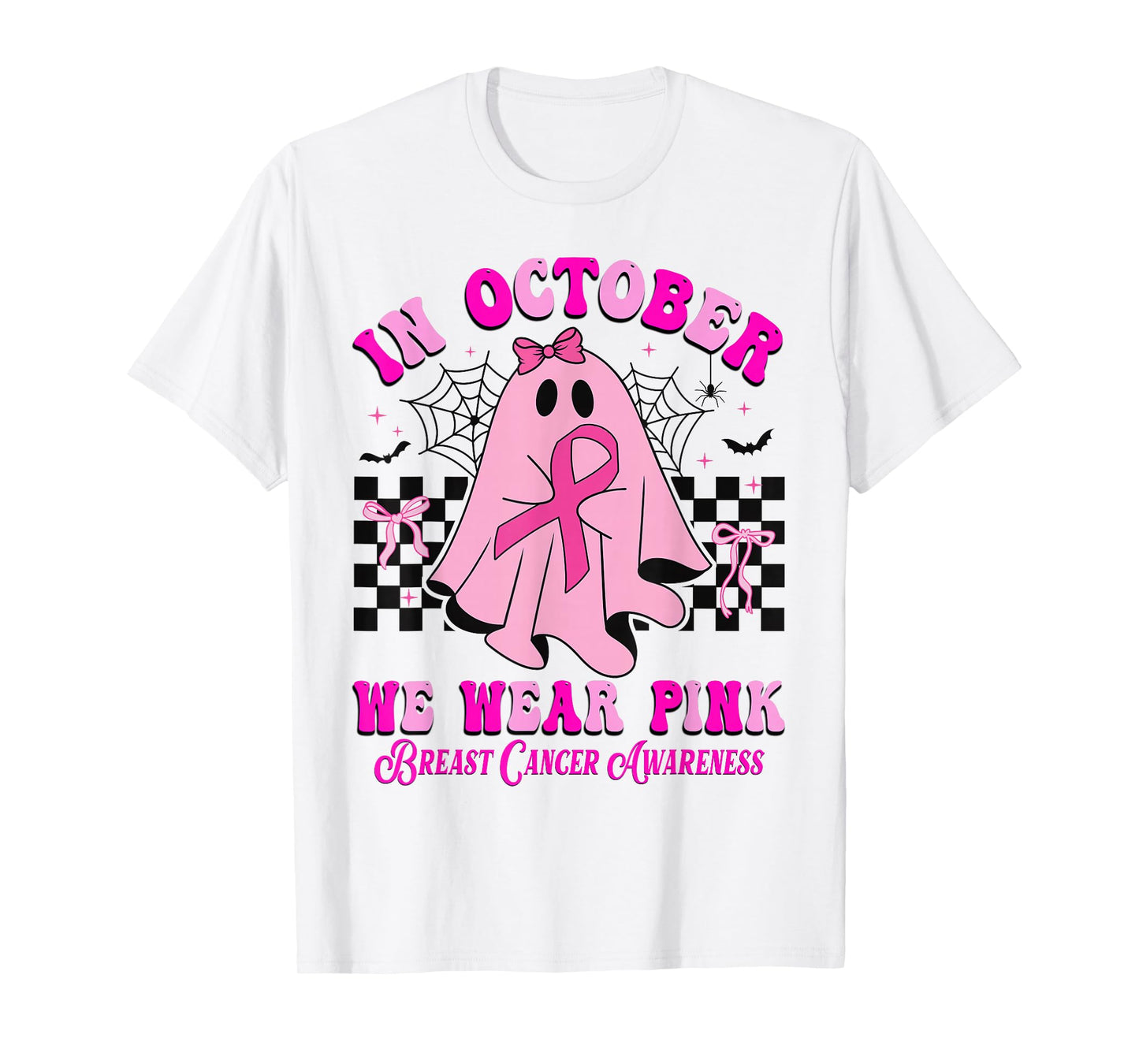 In October We Wear Pink Ghost Halloween Breast Cancer Ribbon T-Shirt