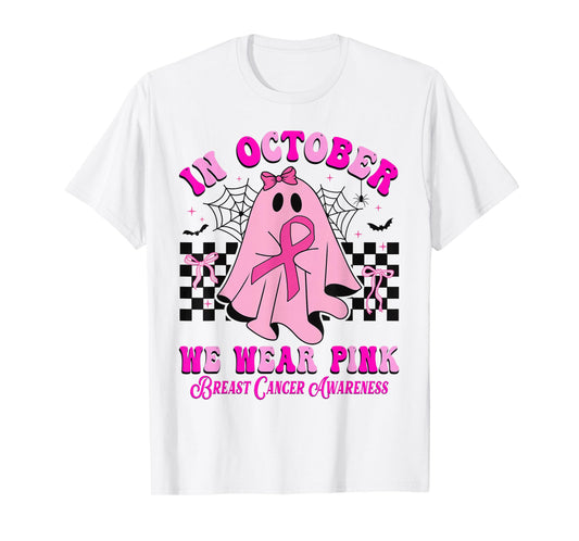In October We Wear Pink Ghost Halloween Breast Cancer Ribbon T-Shirt