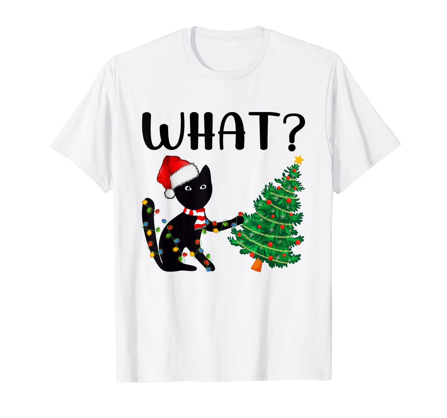 Black Cat Pushing Christmas Tree Funny Black Cat Lover Xmas T-Shirt