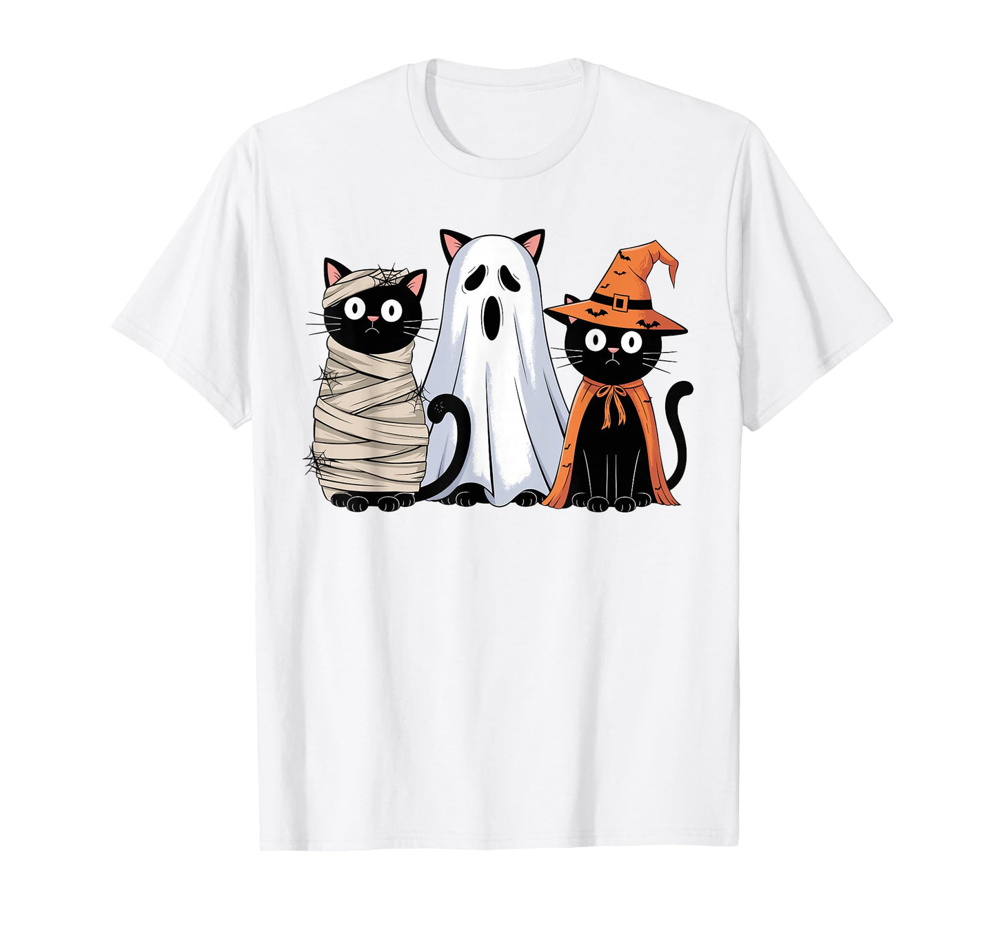 Retro Spooky Halloween Three Black Cats Mummy Ghost Witch T-Shirt