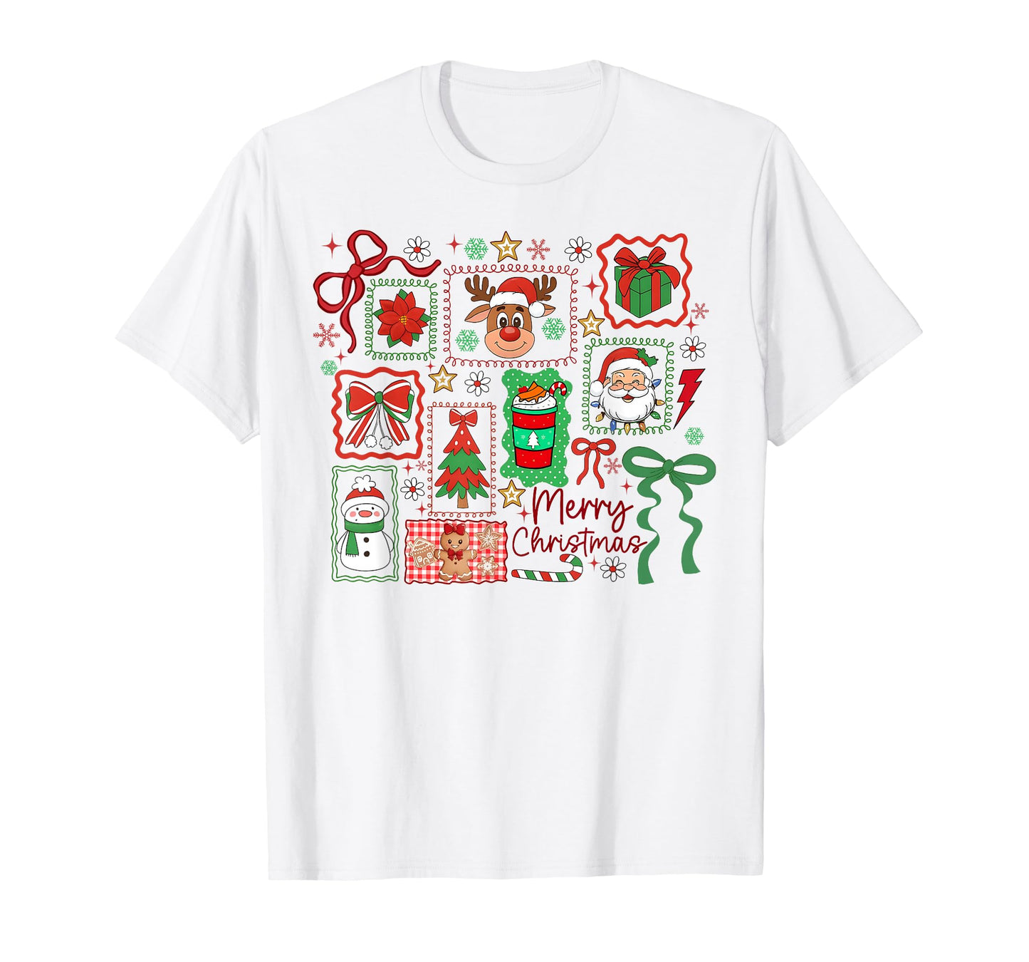 Merry Christmas Reindeer Santa Snowman Coquette Bow Girly T-Shirt
