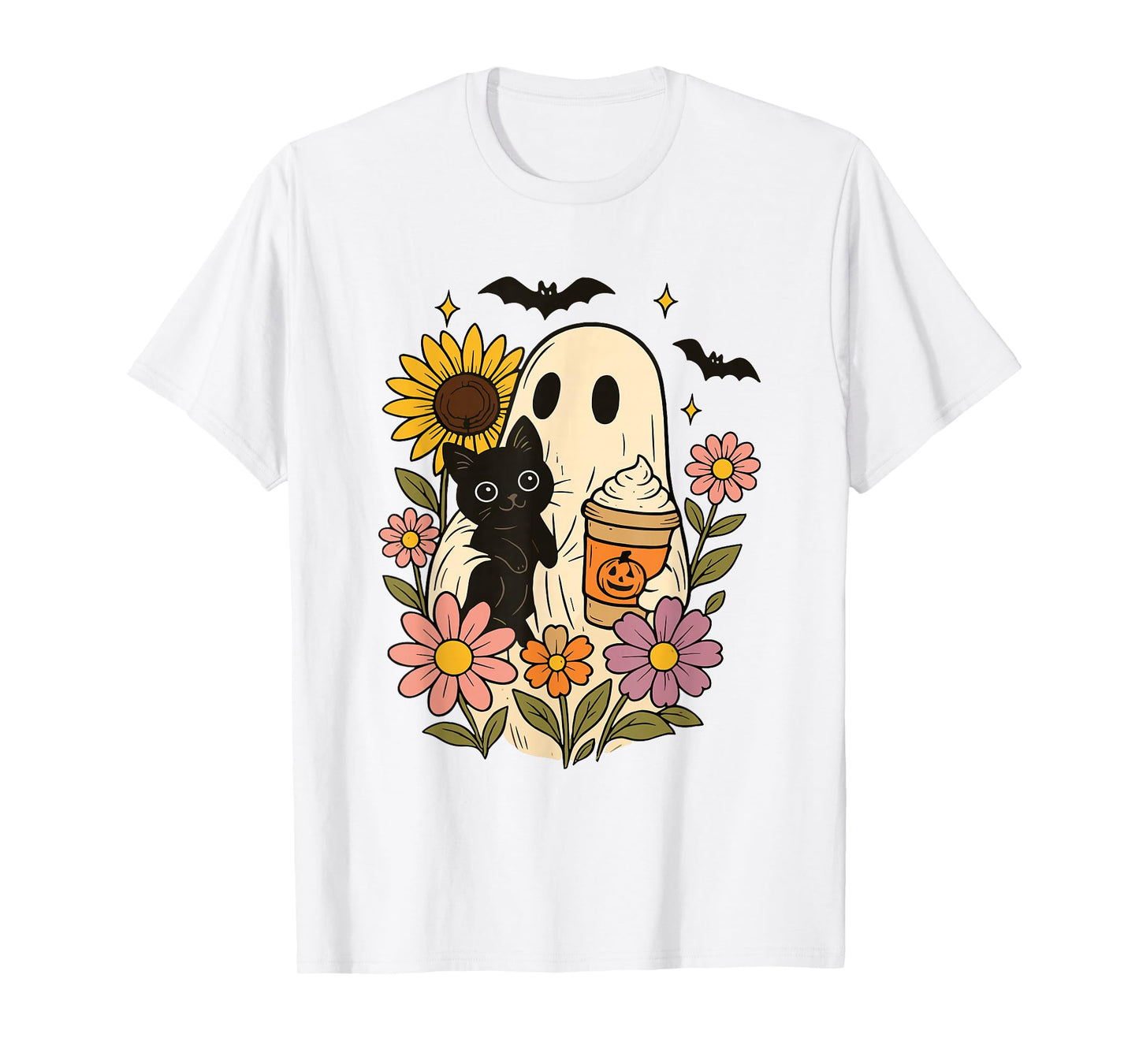 Floral Ghost Pumpkin Spice Halloween Ghost Holding Black Cat T-Shirt