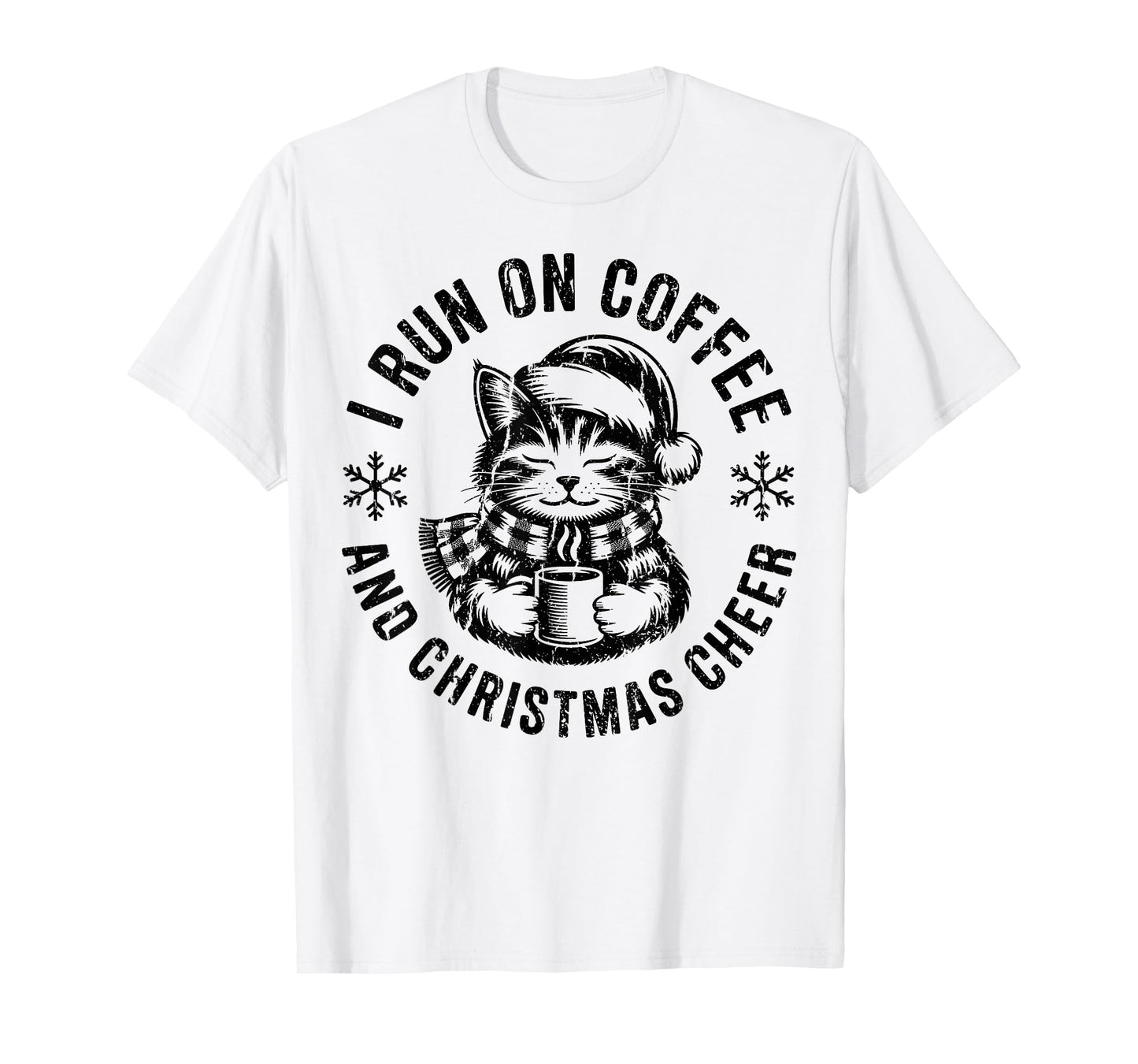 I Run on Coffee and Christmas Cheer Cat Holiday T-Shirt