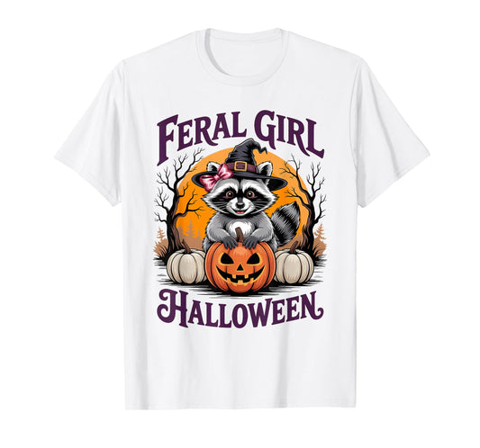 Feral Girl Halloween Funny Raccoon Pumpkin Witch Girl Women T-Shirt