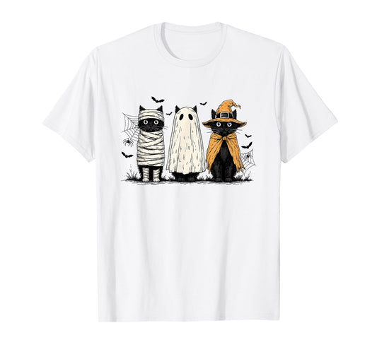 Cute Retro Three Black Cat Mummy Pumpkin Ghost Halloween T-Shirt