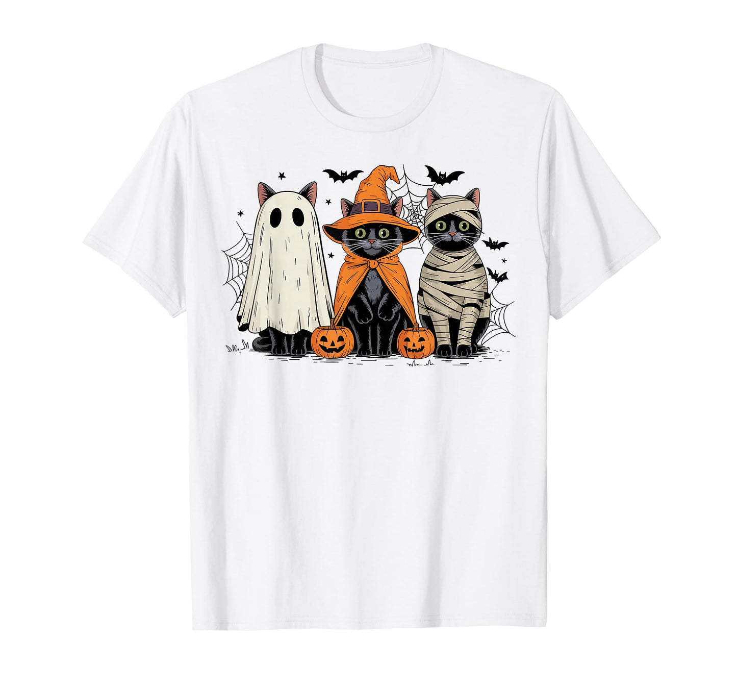 Retro Black Cat Witch Scary Halloween Pumpkin Men Women Kids T-Shirt