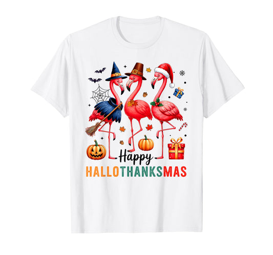 Flamingo Happy HalloThanksmas Funny Halloween Thanksgiving T-Shirt