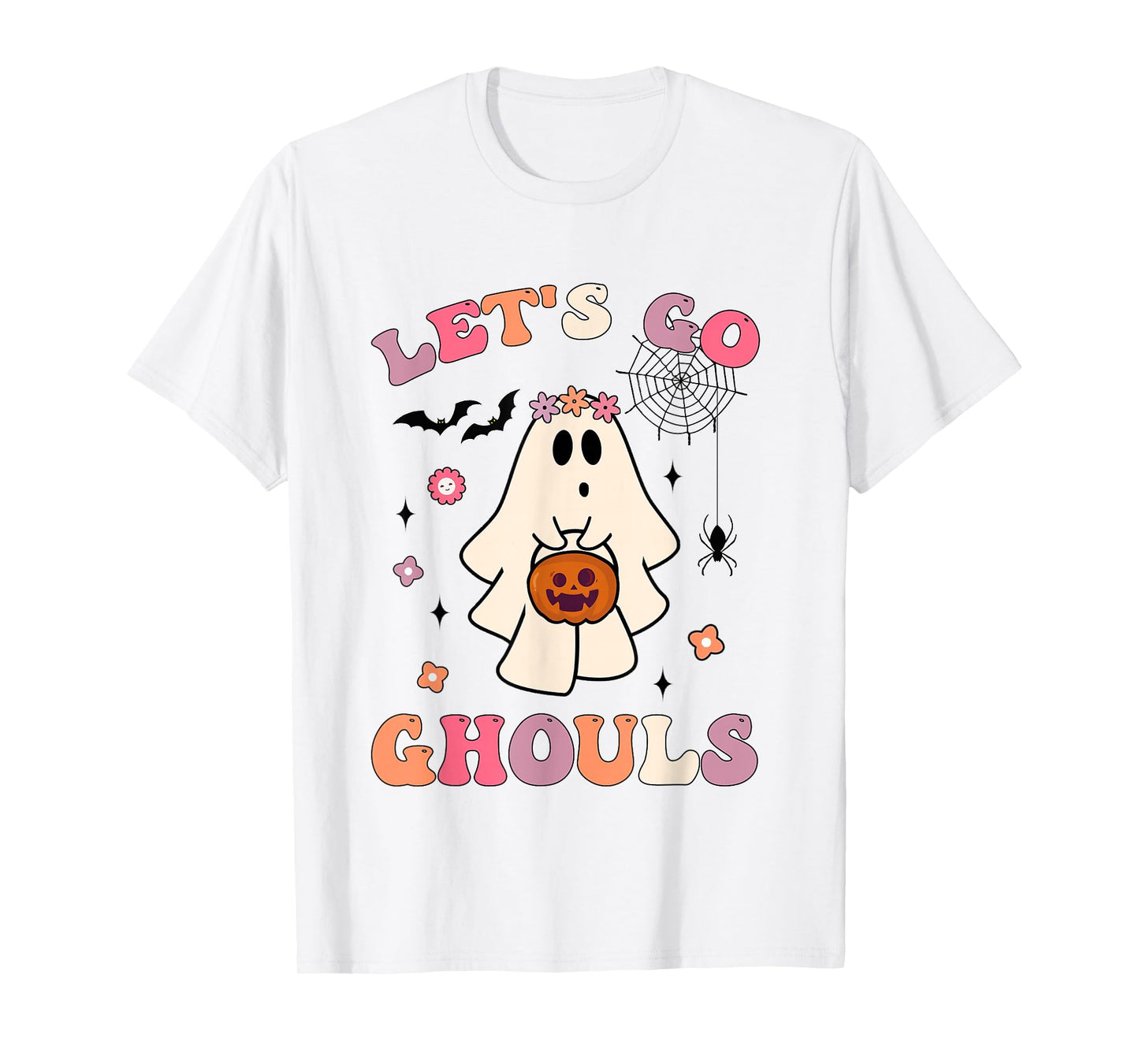 Halloween Ghost Holding Pumpkin Retro Groovy Let's Go Ghouls T-Shirt