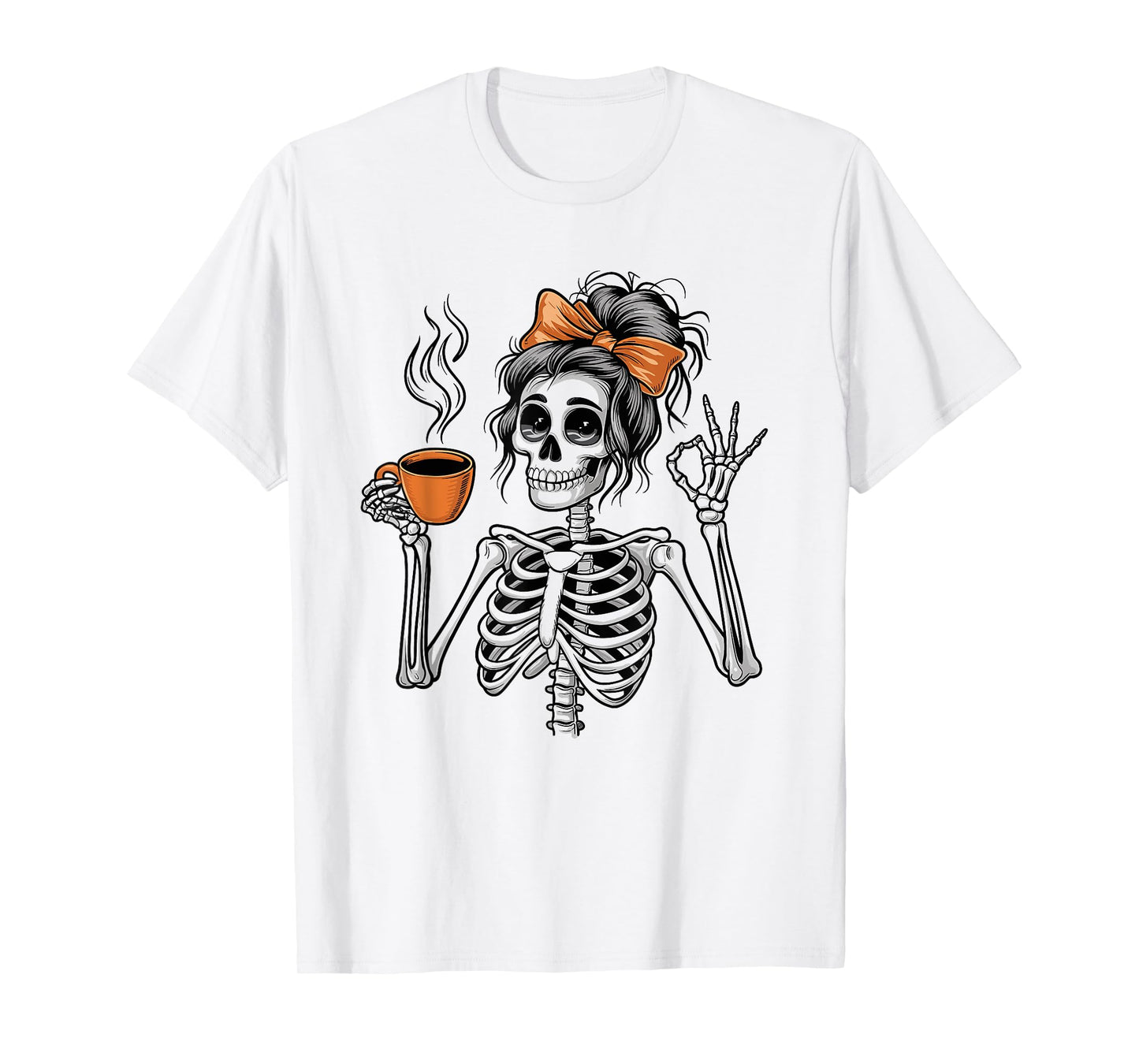 Halloween Skeleton Messy Bun Coffee Funny Costume Mom Women T-Shirt