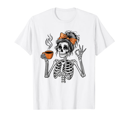 Halloween Skeleton Messy Bun Coffee Funny Costume Mom Women T-Shirt