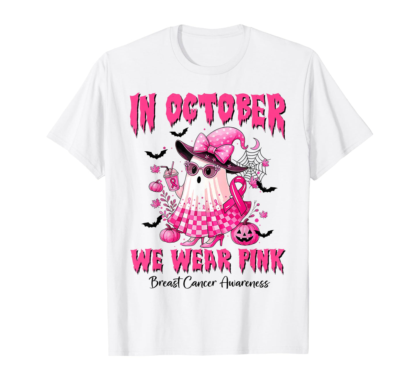 in October We Wear Pink Ghost Witch Breast Cancer Awareness T-Shirt
