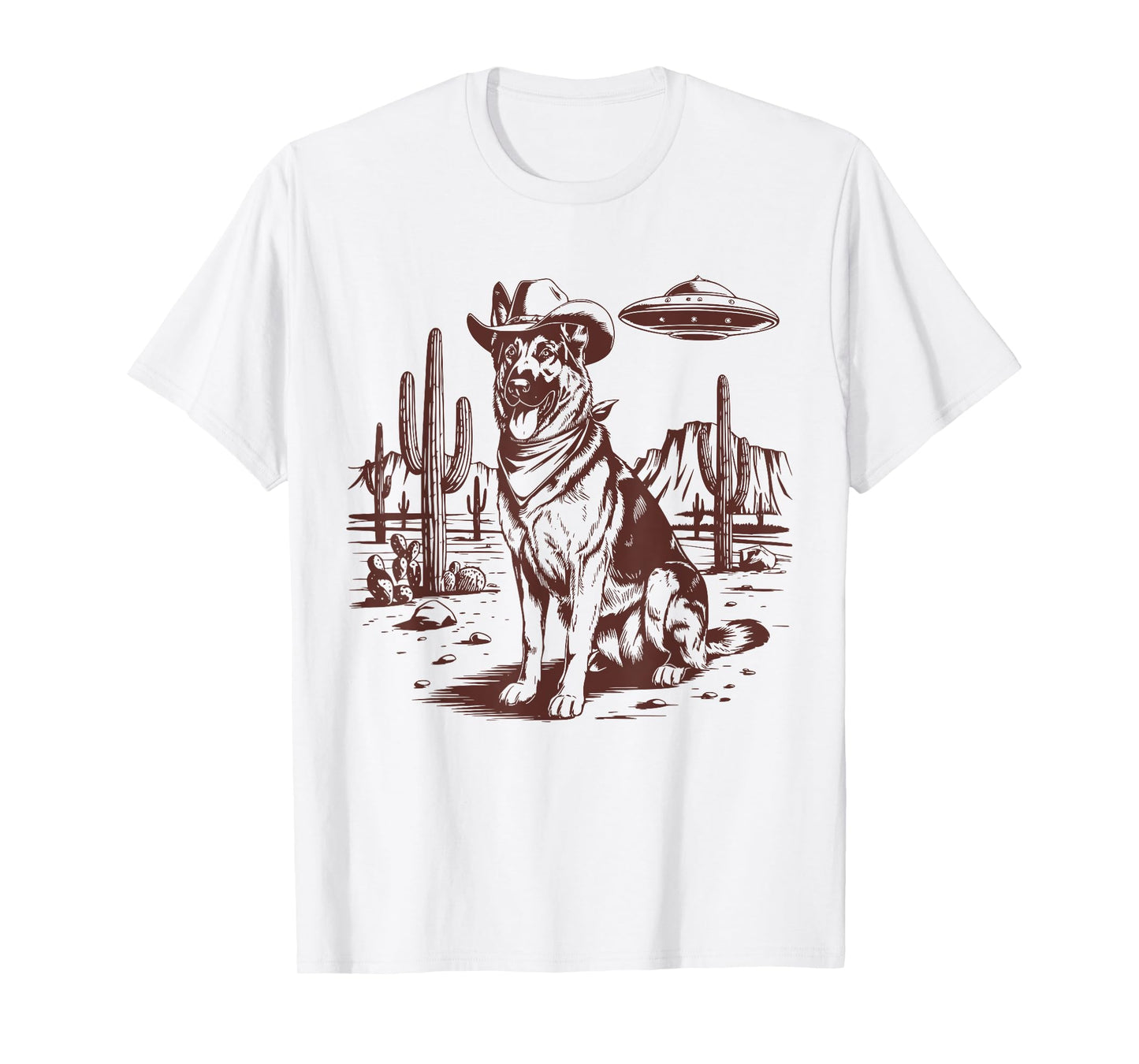 German Shepherd UFO Western Vintage Alien 90s Retro Cowboy T-Shirt