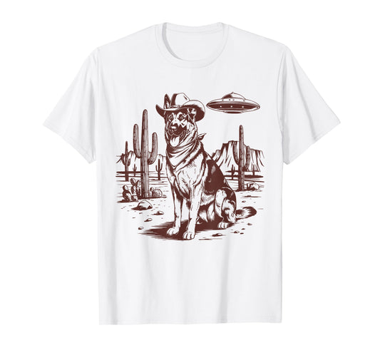 German Shepherd UFO Western Vintage Alien 90s Retro Cowboy T-Shirt