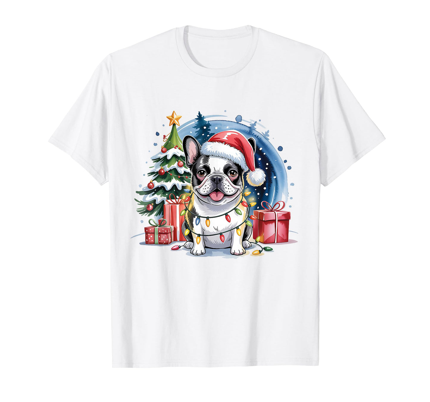 Festive French Bulldog Christmas Santa Hat and Lights T-Shirt