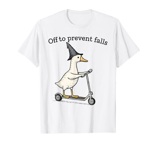 Fall Prevention PT OT Nurse Funny Goose Witch On Scooter T-Shirt