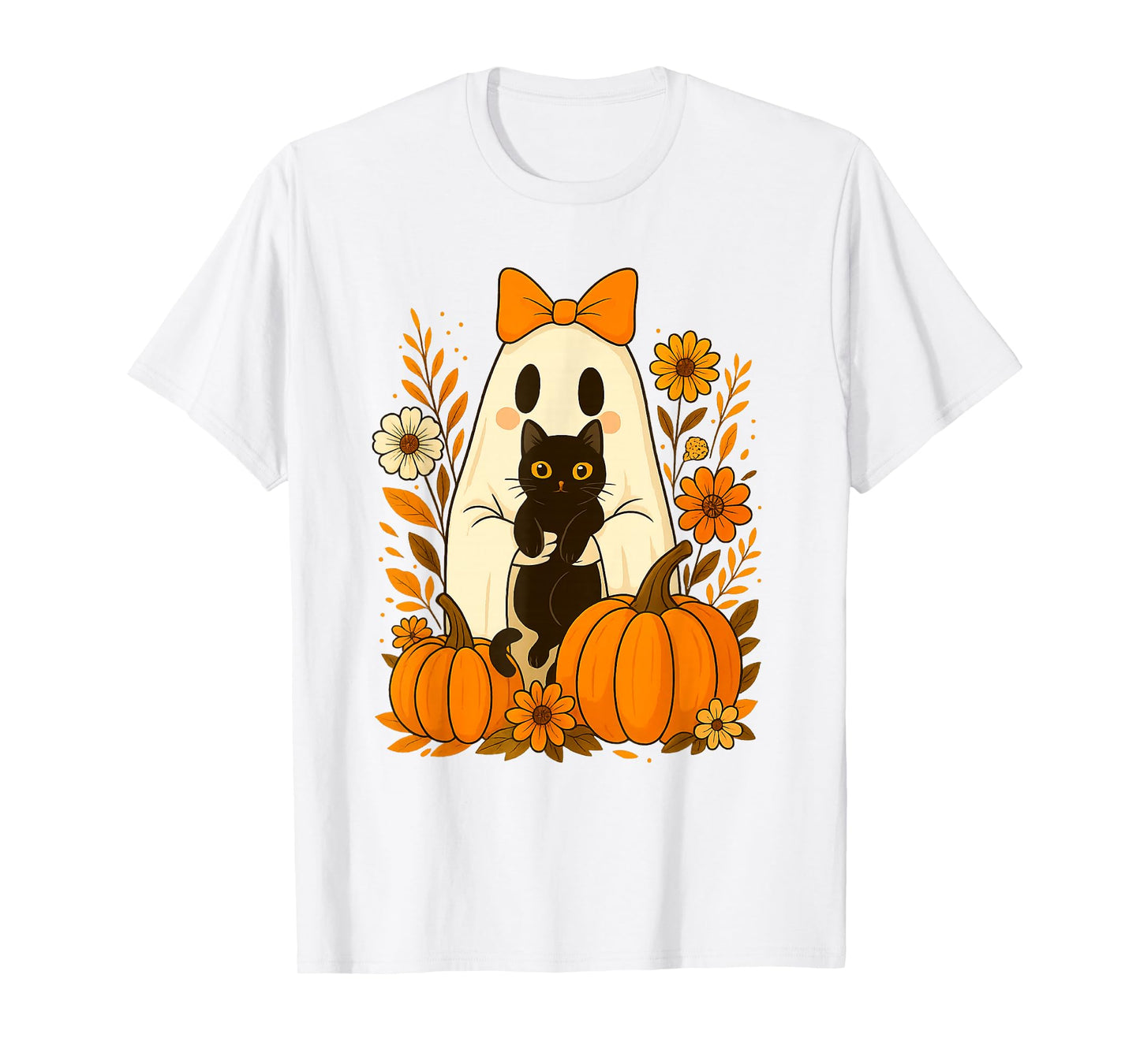 Vintage Cute Halloween Ghost Holding Cat Groovy Floral T-Shirt
