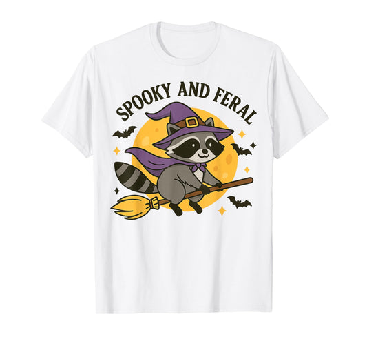 Feral & Spooky Cute Witch Raccoon On Broom Hallowen T-Shirt