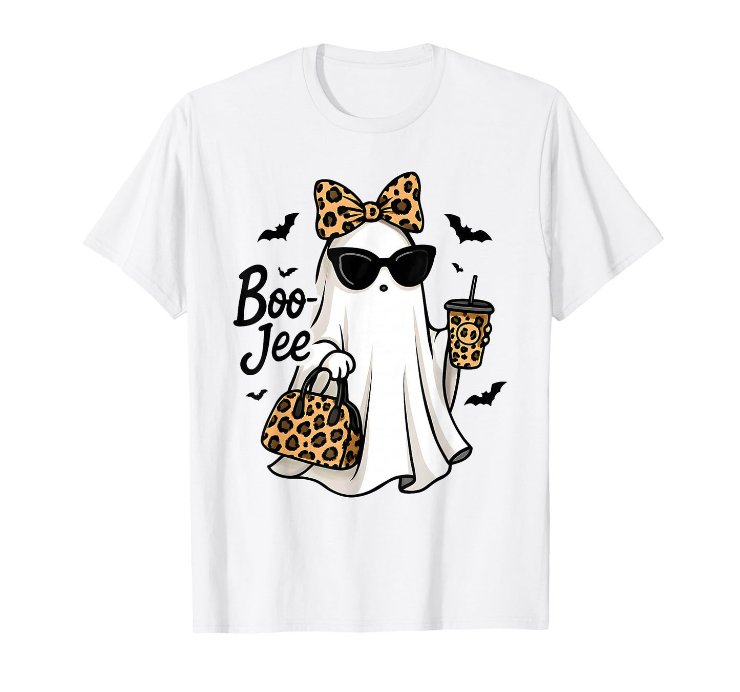 Boo JEE Ghost with Coffee Coquette Bow Halloween Women Girl T-Shirt