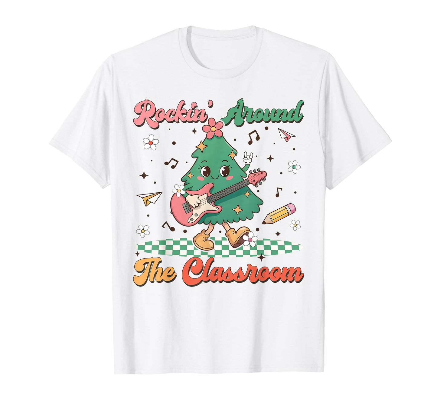 Retro Groovy Teacher Christmas Rockin' Around The Classroom T-Shirt