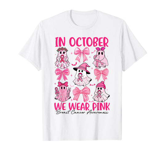 in October We Wear Pink Ghost Witch Breast Cancer Awareness T-Shirt