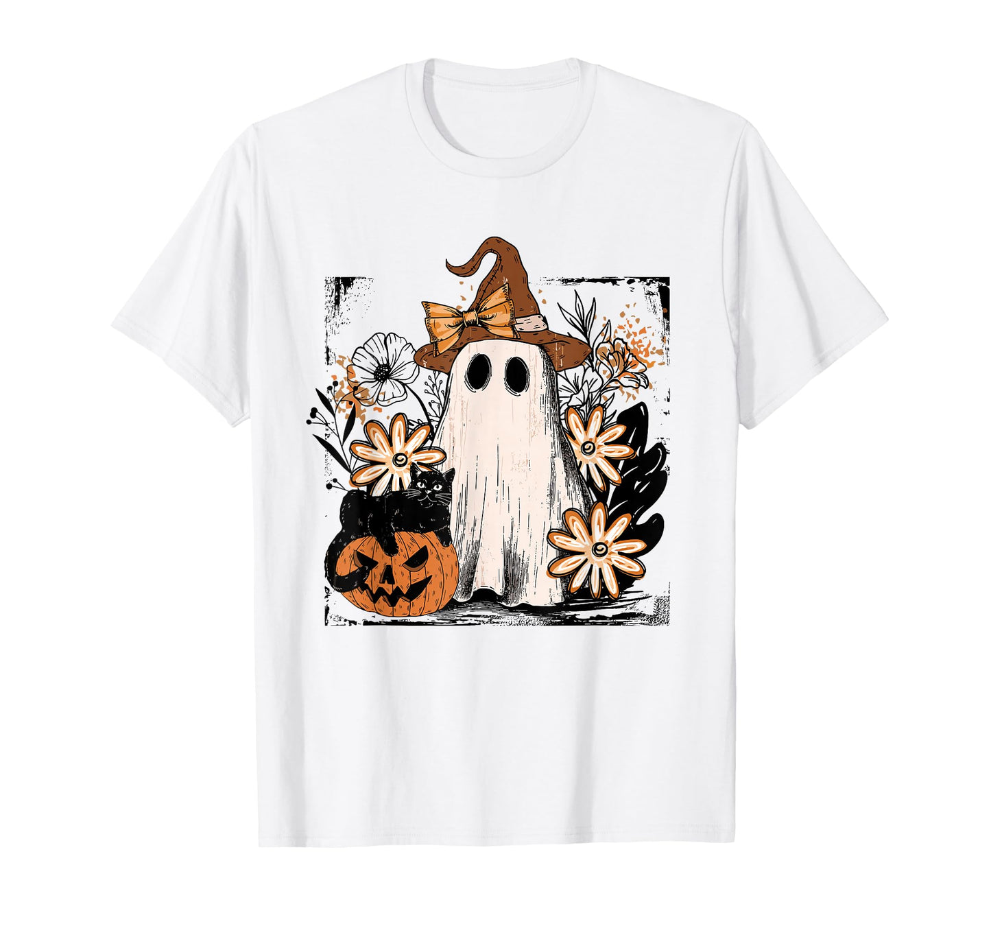 Coquette Floral Ghost Halloween Black Cat Ghost Autum Fall T-Shirt