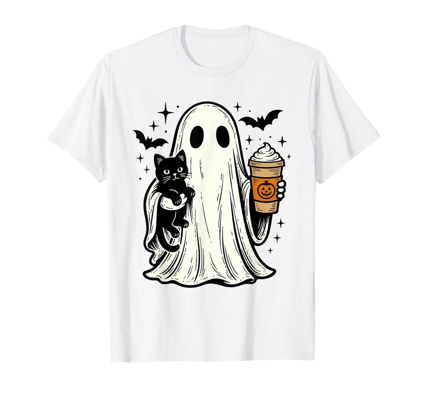 Vintage Halloween Ghost Holding Black Cat Pumpkin Spice T-Shirt