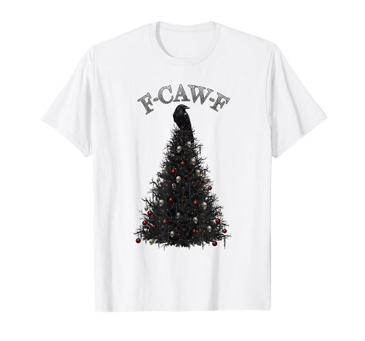 F-CAW-F Gothic Christmas Tree Raven Santa Hat Skulls Lights T-Shirt