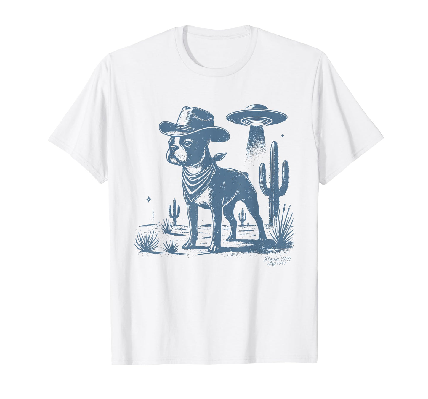Boston Terrier UFO Cowboy Dog, Dog Mom, Dog Dad, Alien Dog T-Shirt