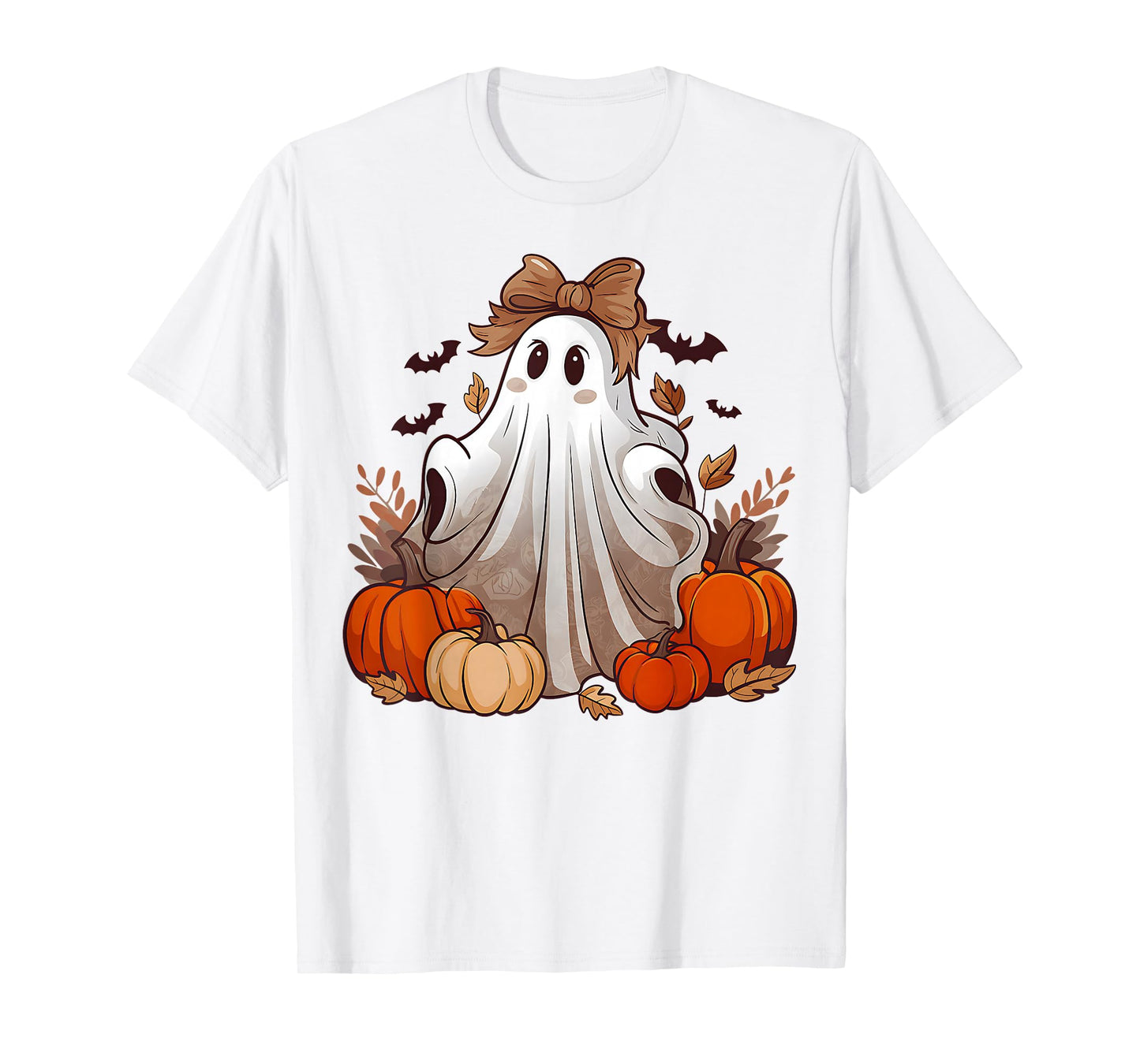 Fall Pumpkin Bowtie Ghost Halloween Costume Boo Girls Women T-Shirt