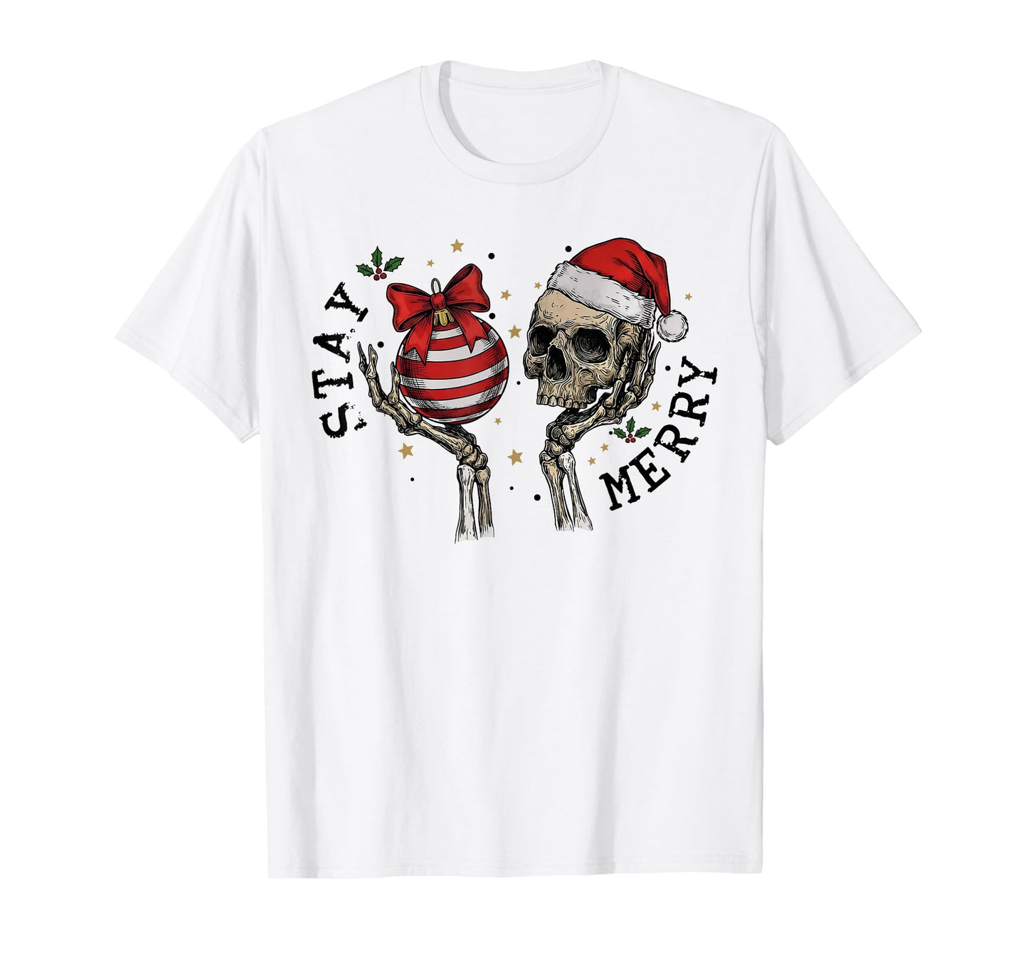 Retro Stay Merry Skeleton Santa Christmas Xmas Pajamas T-Shirt
