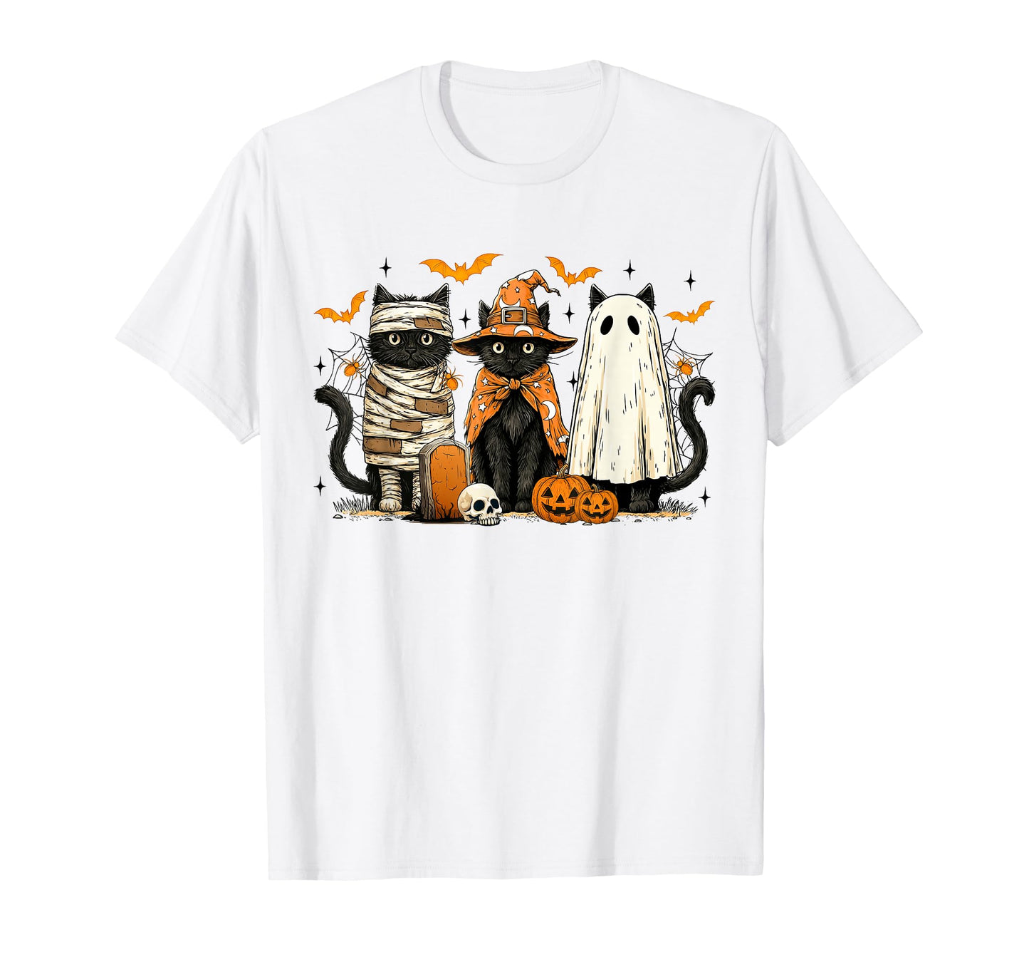Retro Black Cat Witch Scary Halloween Pumpkin Women Men Kids T-Shirt