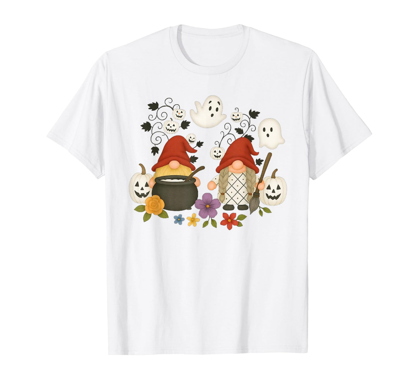 Funny Gnome Halloween with Pumpkin Ghost Leopard Design T-Shirt