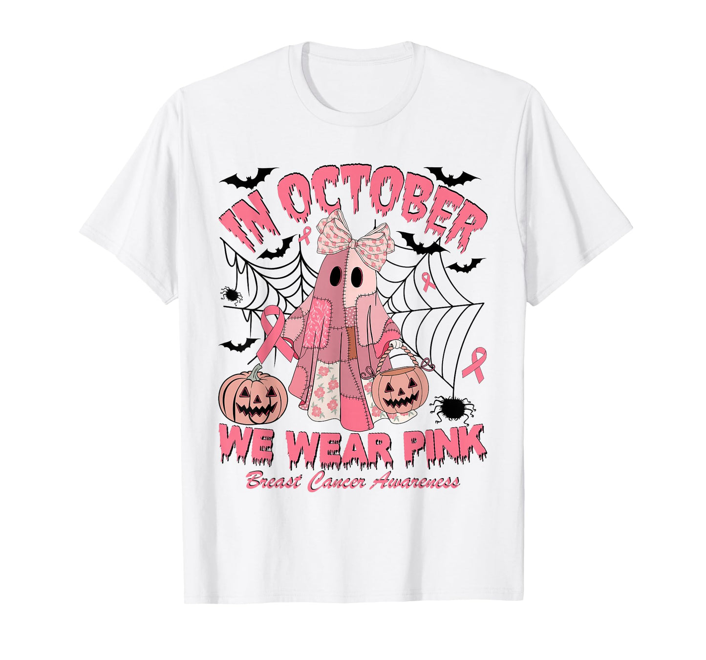 in October We Wear Pink Ghost Witch Breast Cancer Awareness T-Shirt