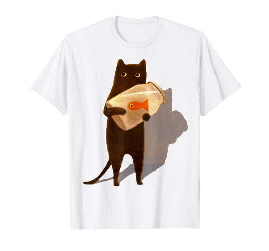 Eagerlys Cat Holding Goldfish Bowl Art Vintage T-Shirt for Men Women