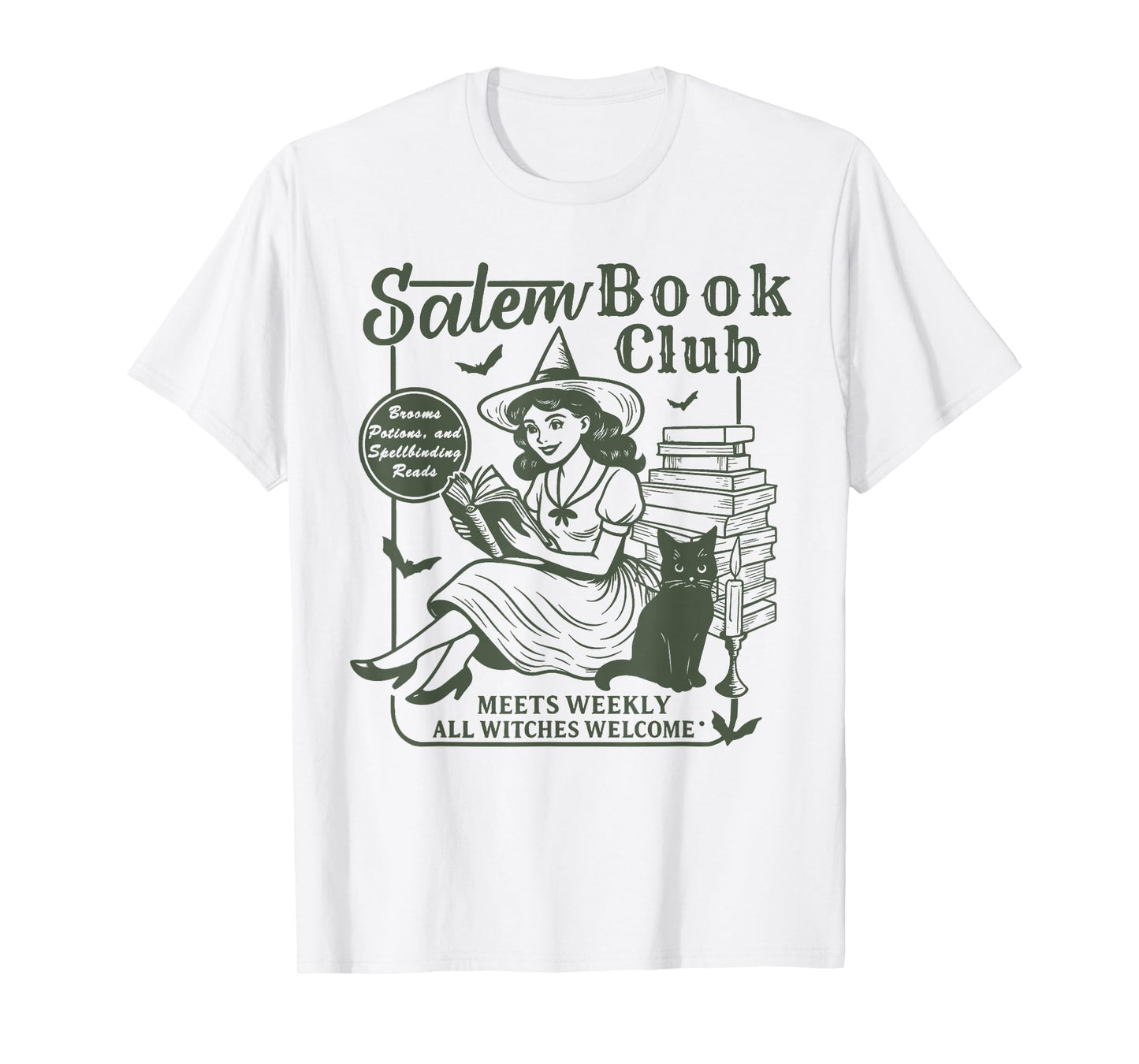 Vintage Salem Book Club Witch Reading Black Cat Halloween T-Shirt