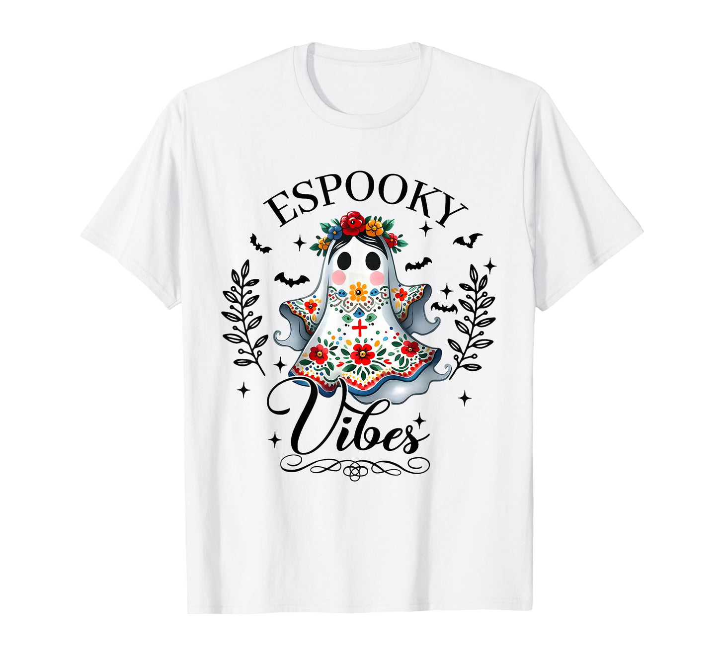 Espooky Vibes Halloween Floral Ghost Spanish Mexican Teacher T-Shirt