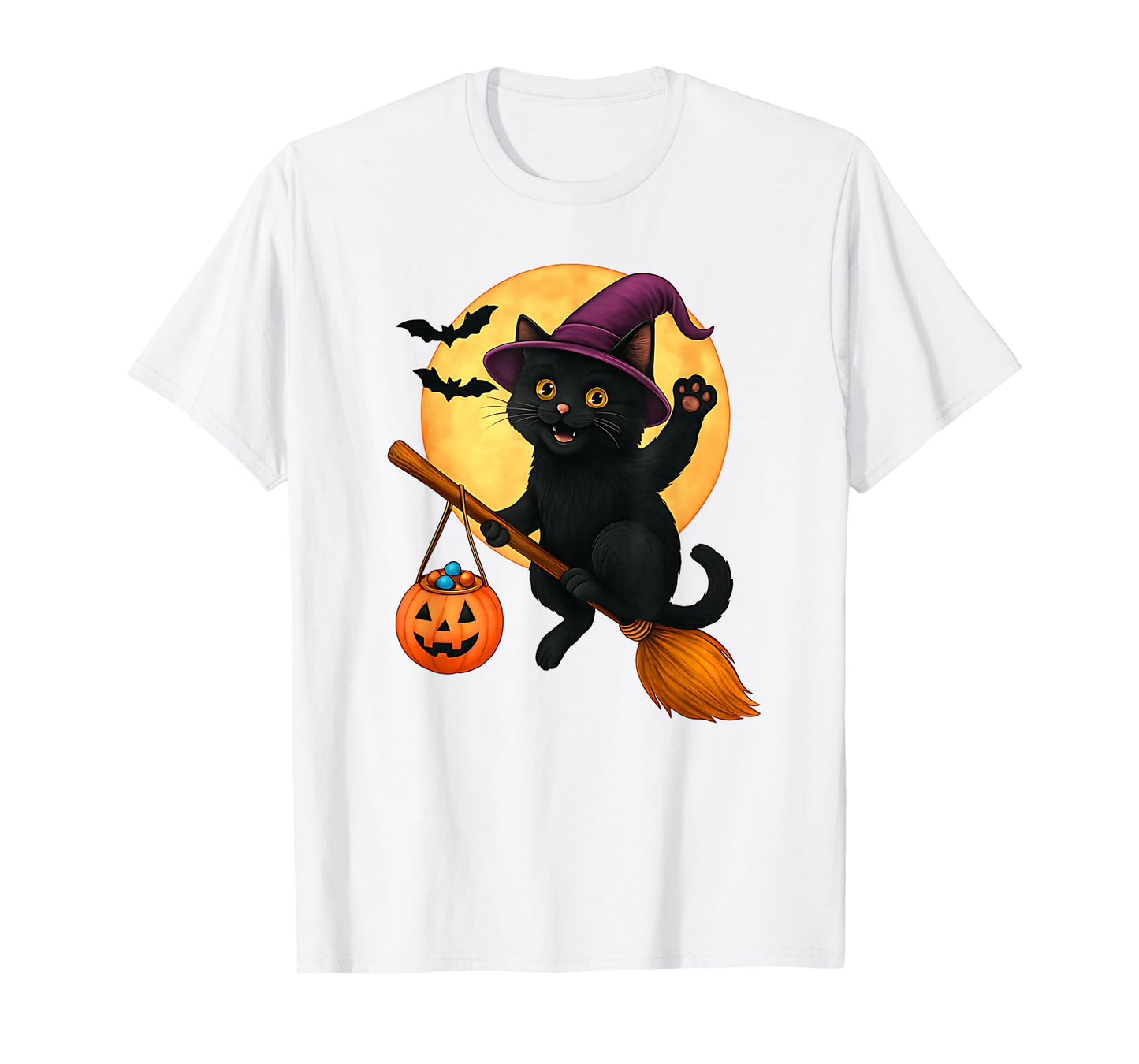 Black Cat Witch Hat Pumpkin Halloween Costume Men Women Kids T-Shirt