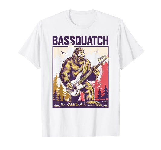 C.J.'s Cryptid Sasquatch Bigfoot Bass Guitar Gifts Bassquatch, Bigfoot Bass Guitar Sasquatch Adult Men's Yellow Cartoon Bigfoot Themed T-Shirt