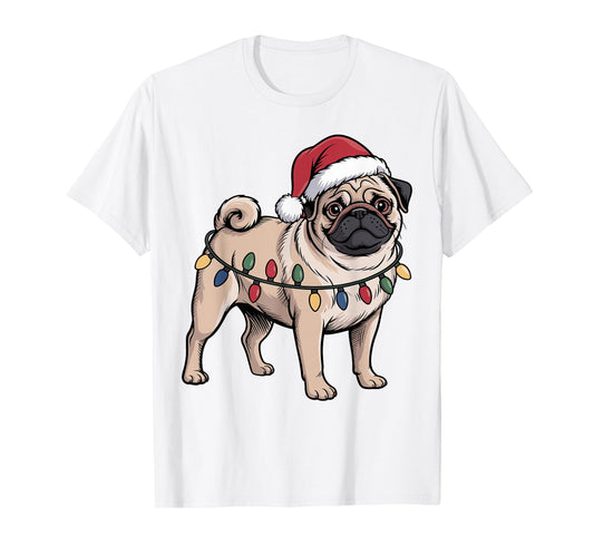 Funny Pug Christmas Santa Hat Xmas Lights T-Shirt