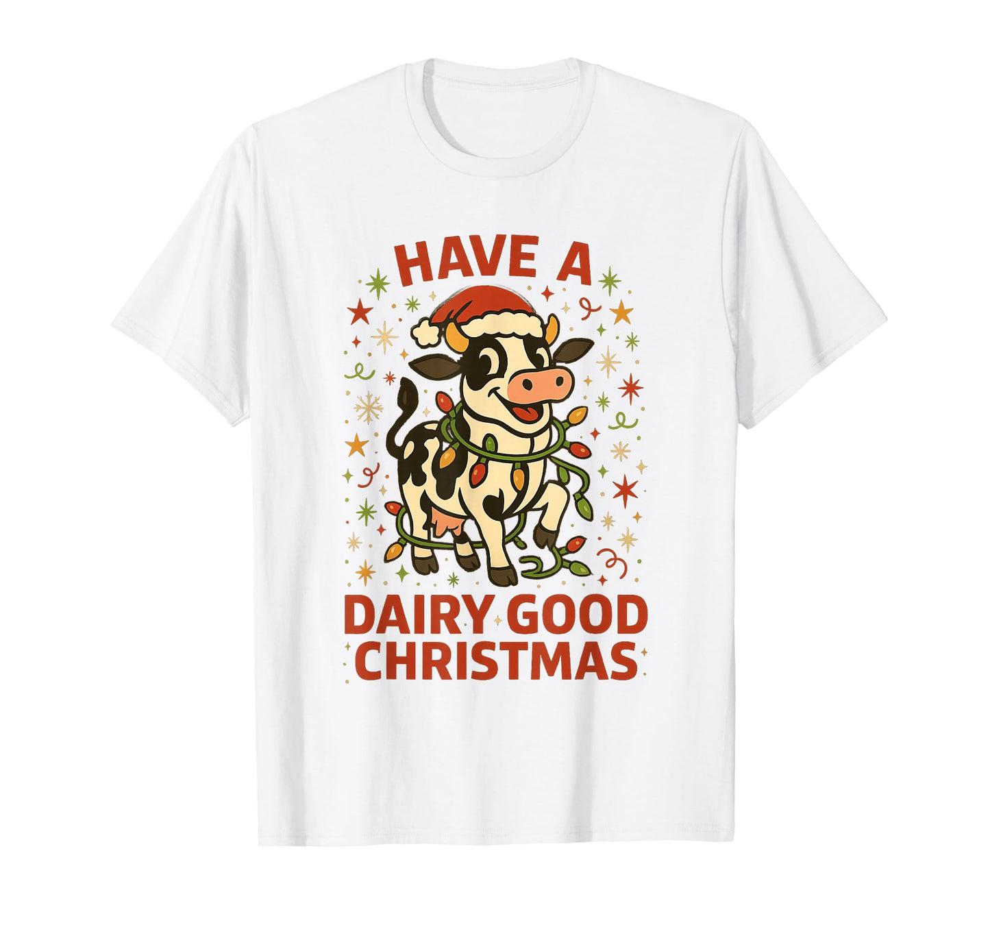 Christmas Holstein Cow Lights Santa Hat Dairy Christmas T-Shirt