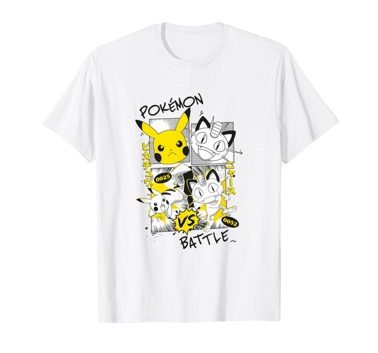 Pokémon Pikachu Vs Meowth Retro Panels Kanji Big Chest T-Shirt