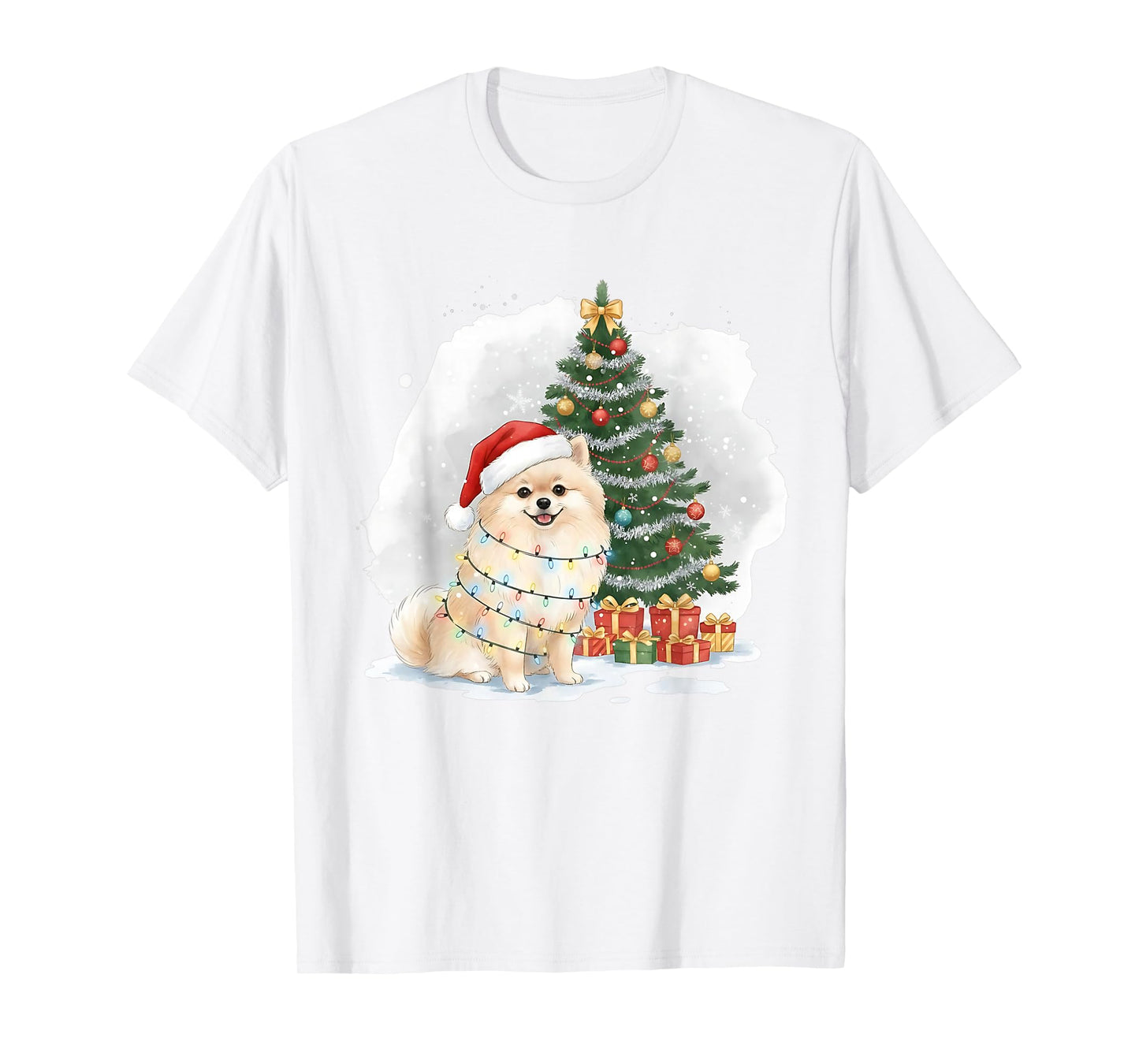 Cute Santa Pomeranian Dog Tangled in Christmas Lights Winter T-Shirt