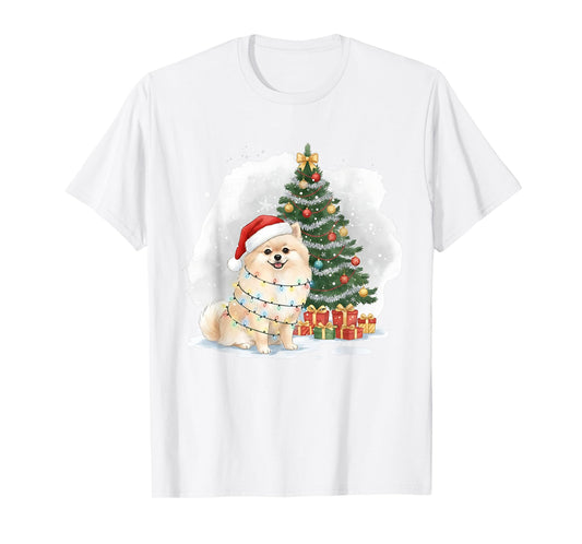 Cute Santa Pomeranian Dog Tangled in Christmas Lights Winter T-Shirt