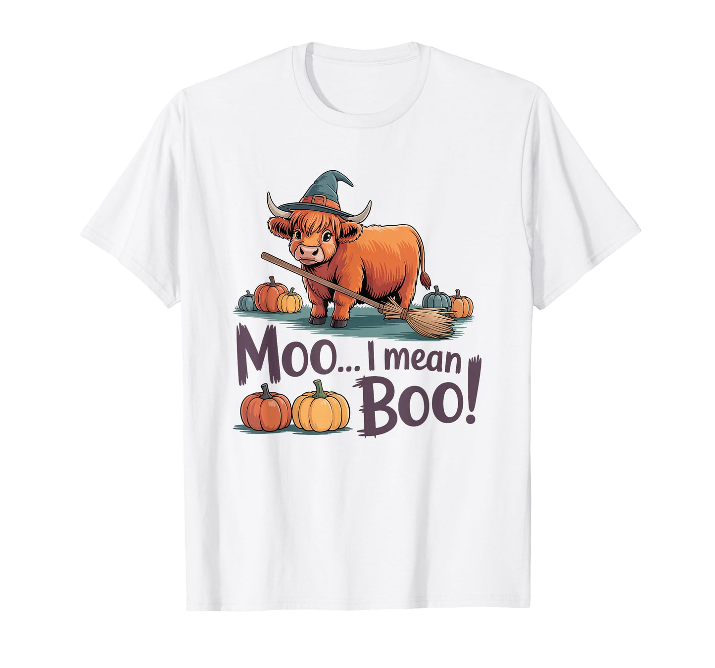 Moo I Mean Boo Funny Halloween Highland Cow Witch T-Shirt