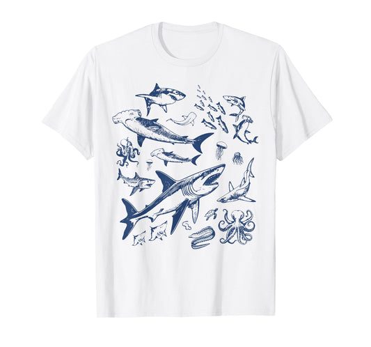 Retro Ocean Animal Wildlife Shark Fish Octopus Nature T-Shirt