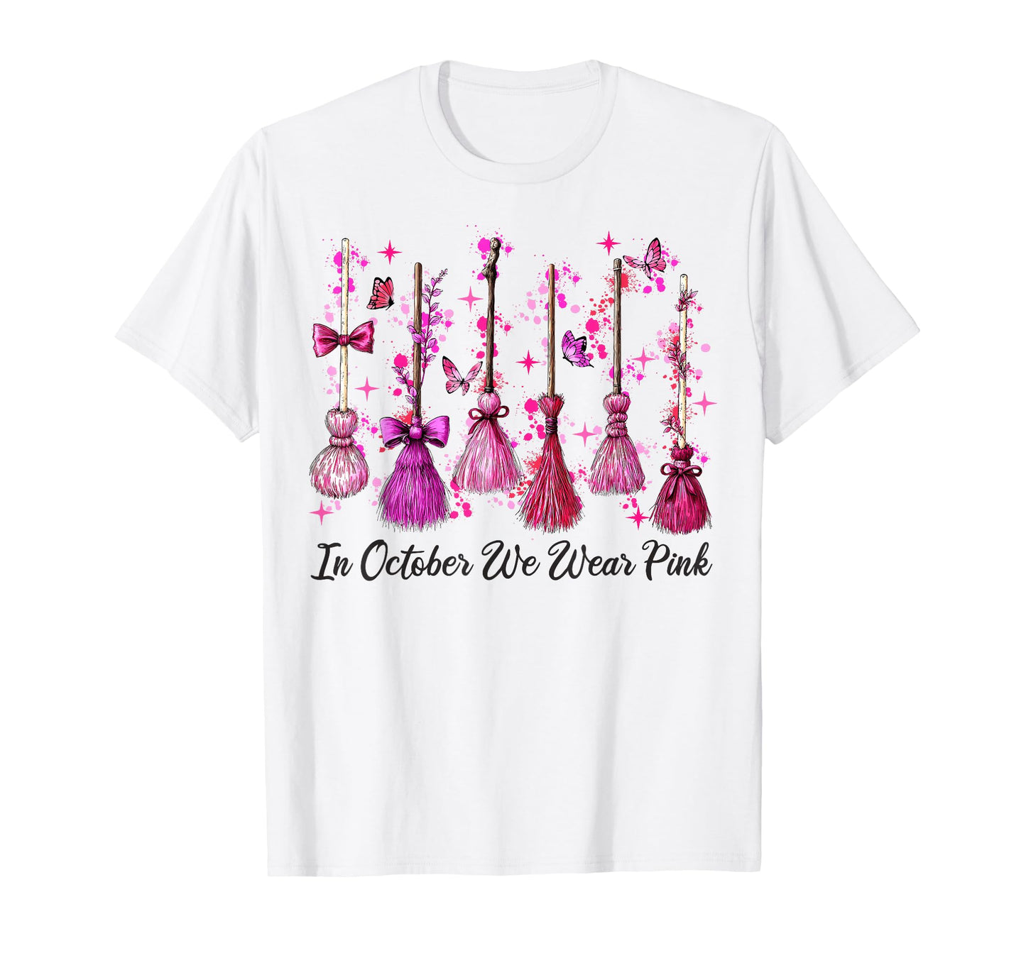 in October We Wear Pink Witch Broom Halloween Breast Cancer T-Shirt