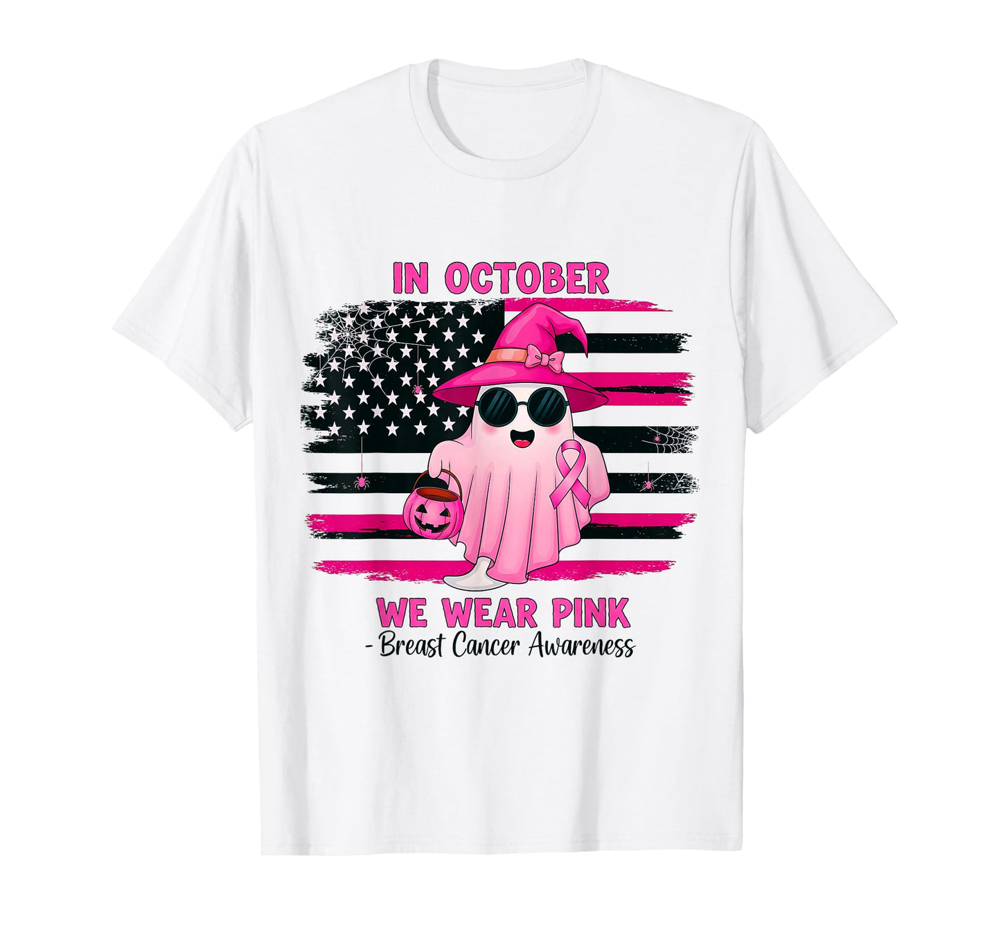 in October We Wear Pink Ghost Witch Breast Cancer Awareness T-Shirt