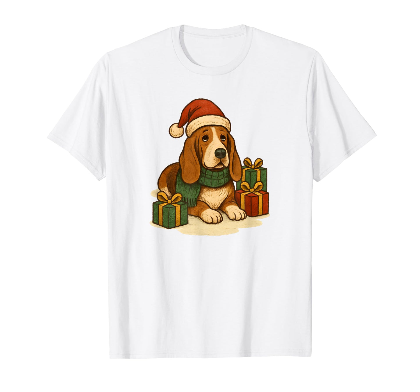 Christmas Basset Hound with Santa Claus hat, Cute T-Shirt