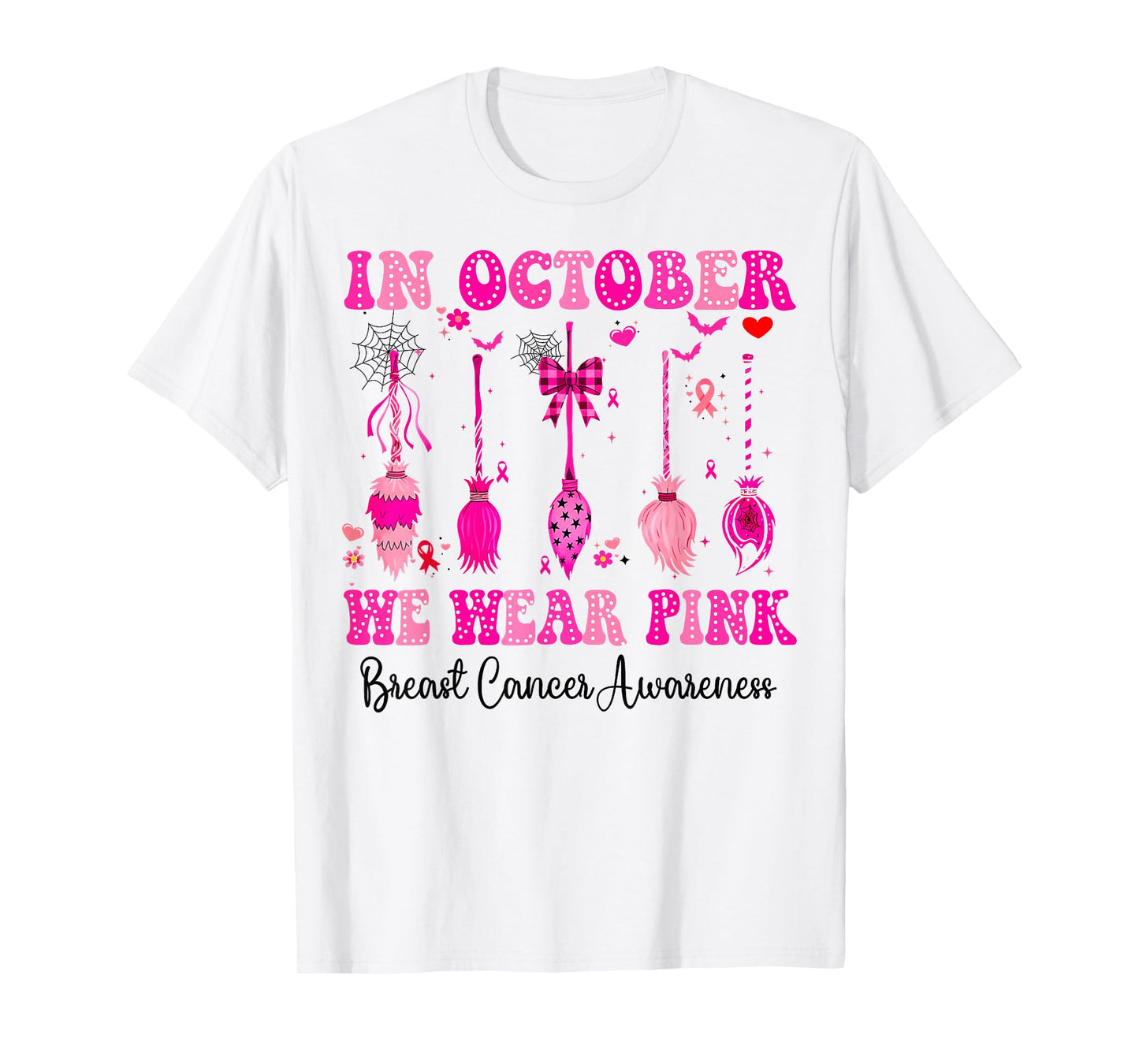 in October We Wear Pink Witch Broom Breast Cancer Halloween T-Shirt