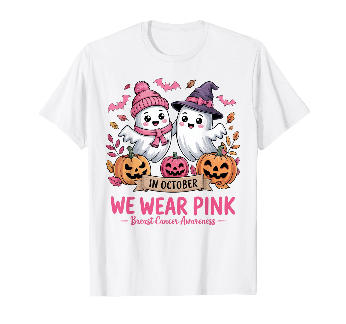 in October We Wear Pink Ghost Witch Breast Cancer Awareness T-Shirt